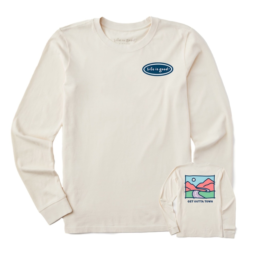 Life is Good Long Sleeve Tee Shirt Womens XL Cream Pink Mountain Graphic
